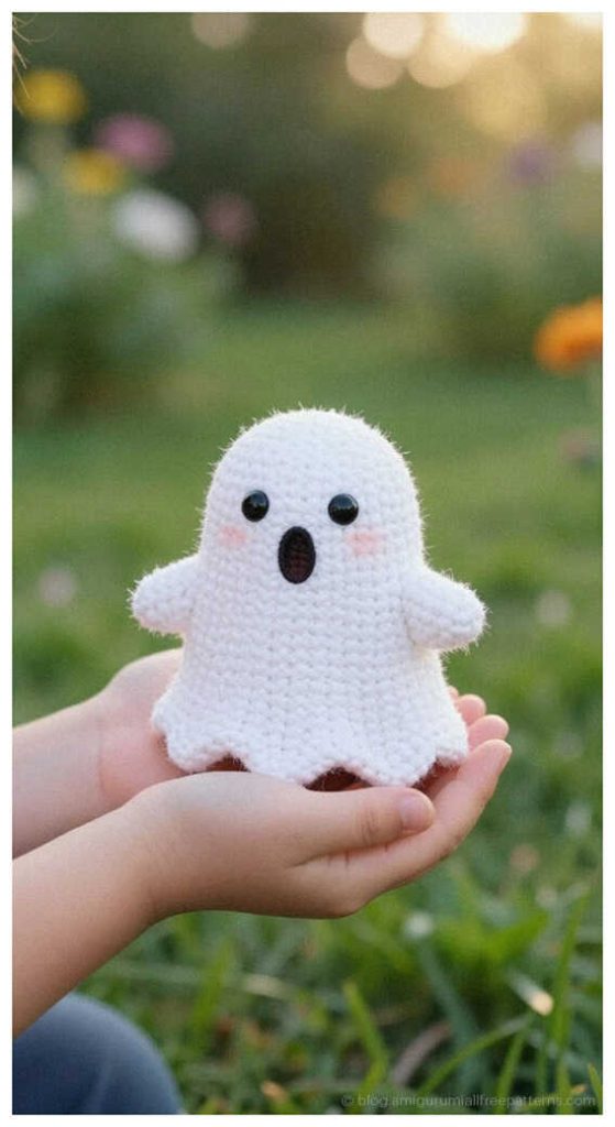 No Sew Amigurumi: Free ghost pattern for a quick DIY Halloween gift idea, AI visualization.