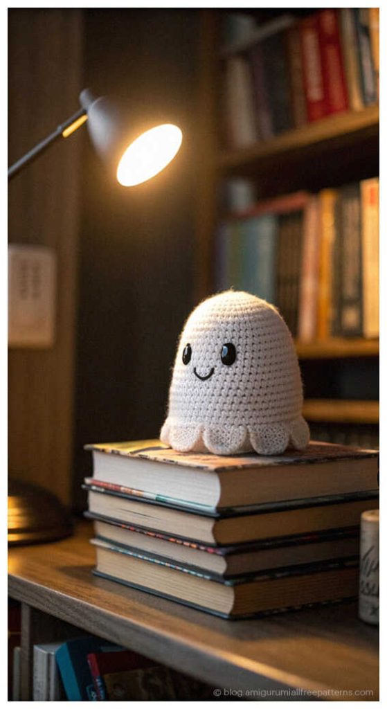 DIY Crochet Gift Idea: Free no sew ghost plushie with velvet yarn, AI generated version.