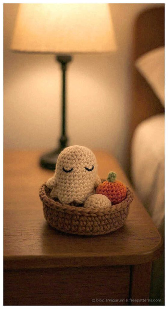 Halloween Decor Inspiration: Stylish no sew amigurumi ghost for modern homes, AI concept art.