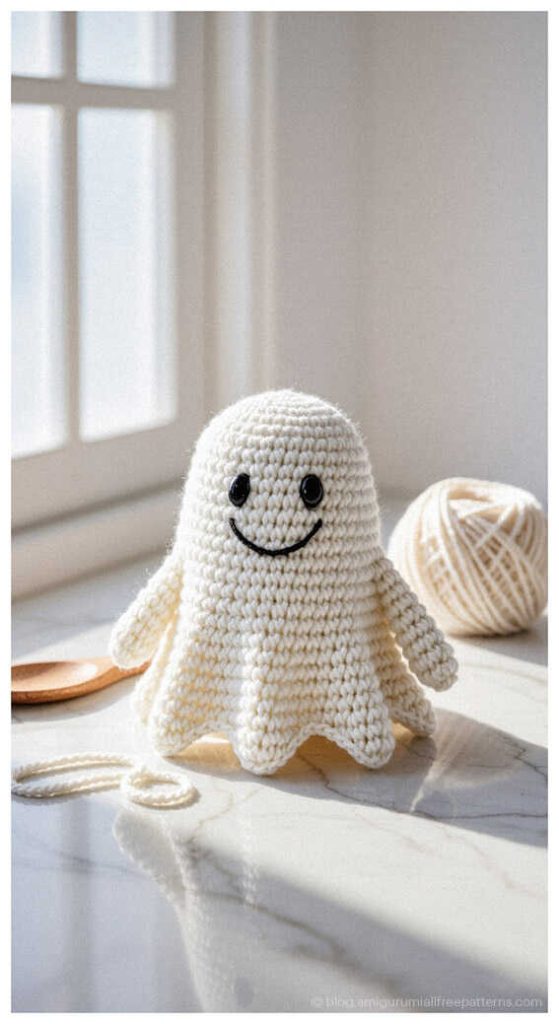 Handmade Nursery Decor: Dreamy no sew ghost amigurumi with soft textures, AI rendering.