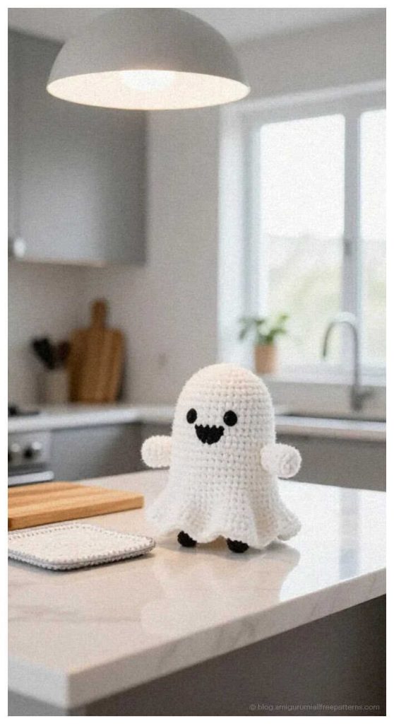 Quick to Make Amigurumi: Free no sew mini ghost head pattern for mobiles, AI visualization.