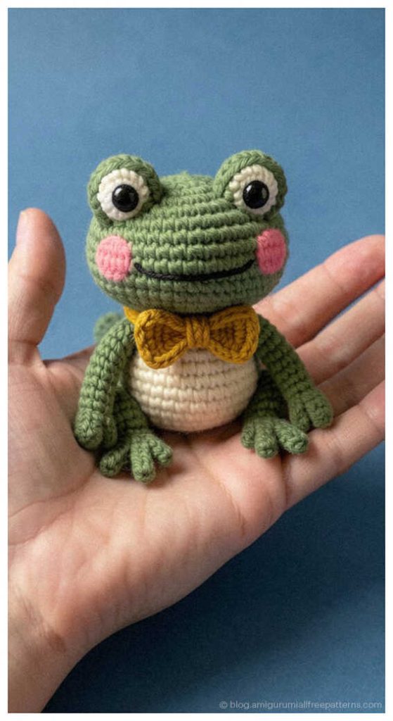 Cute green amigurumi frog with pink cheeks and a small bow tie sitting in a hand, free beginner-friendly crochet pattern
