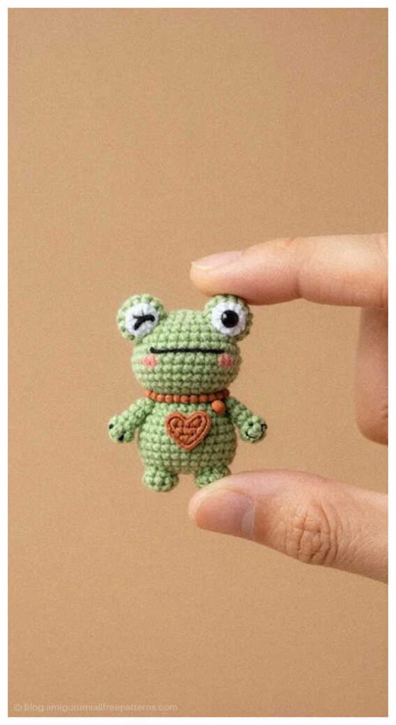 Tiny amigurumi frog with a red heart detail held between fingers, small free crochet frog pattern idea