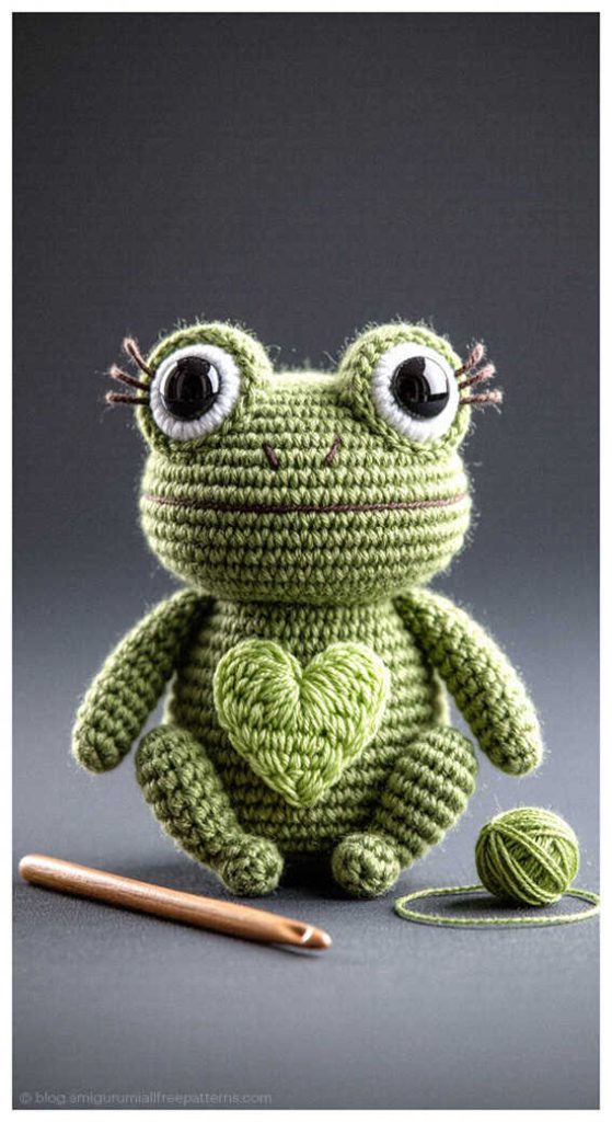 Green amigurumi frog with a crochet heart on its belly and yarn ball beside it, free amigurumi frog pattern inspiration