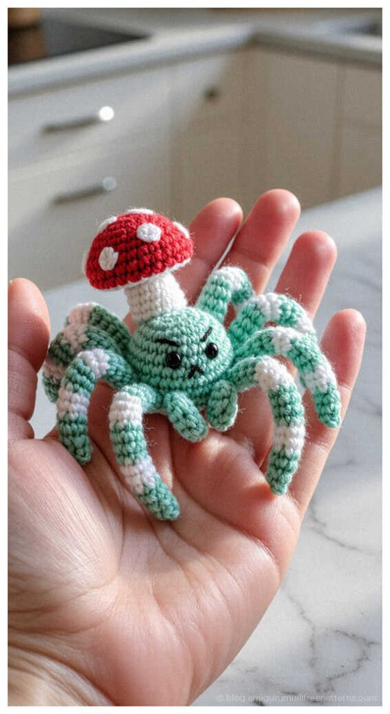 Small green amigurumi spider with a red mushroom held in hand, free crochet spider pattern idea