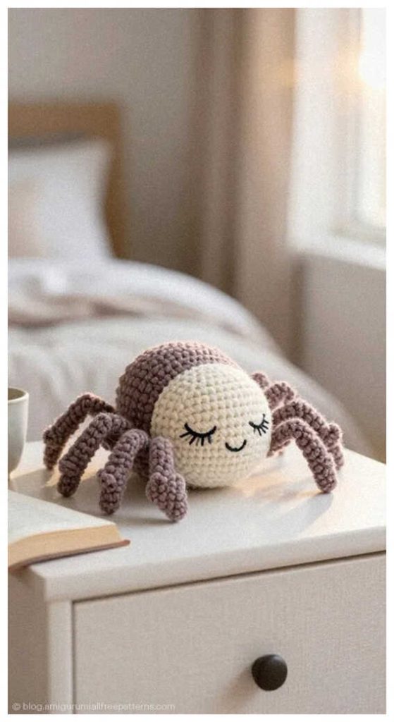 Cute beige amigurumi spider with closed eyes resting on a bedside table, free crochet spider pattern idea