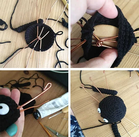 Wire frame attached inside crochet spider body during assembly, free amigurumi spider pattern process detail