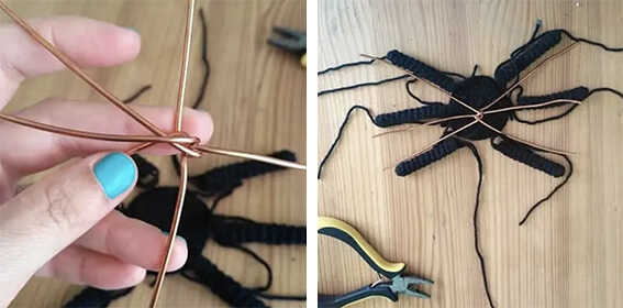 Crochet spider legs attached to a wire frame for amigurumi spider, free crochet pattern process detail