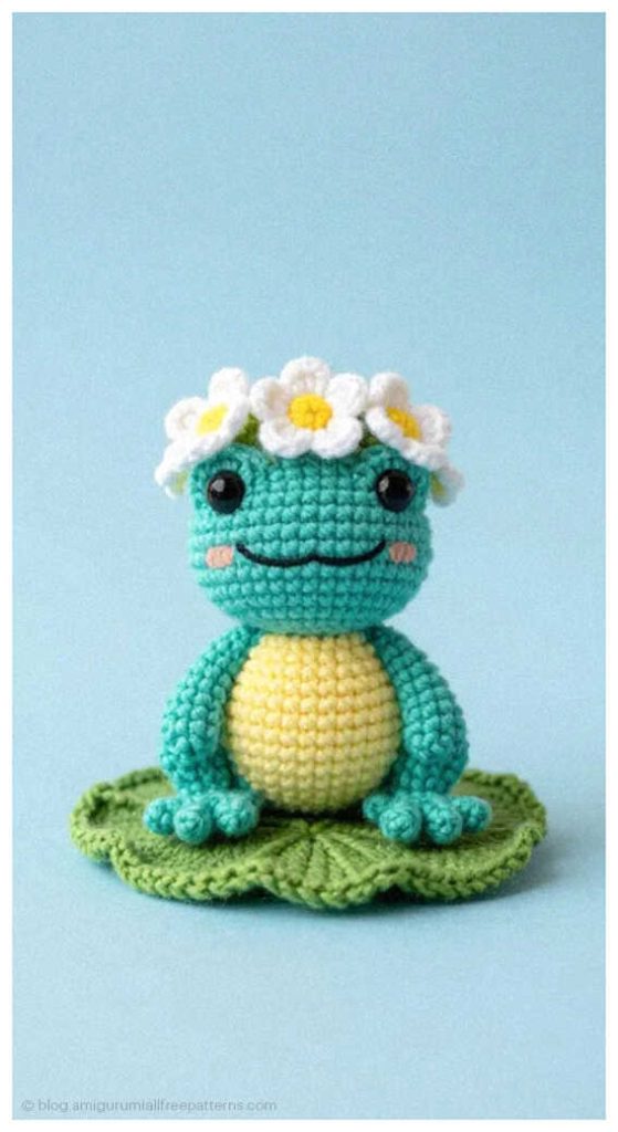 Turquoise amigurumi frog with white daisy crown sitting on a green lily pad, free crochet frog pattern idea