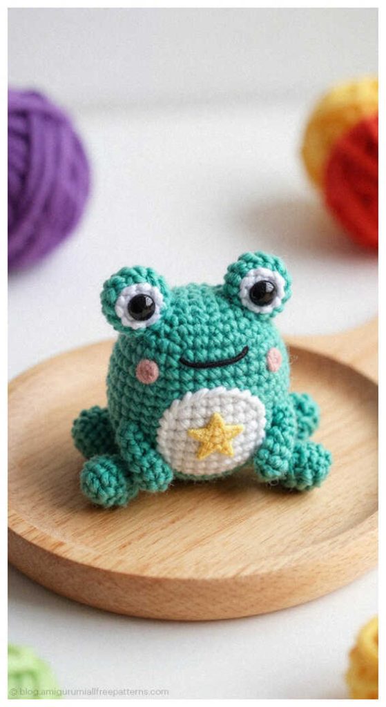 Green amigurumi frog with a yellow star on its belly sitting on a wooden plate, free beginner crochet frog pattern