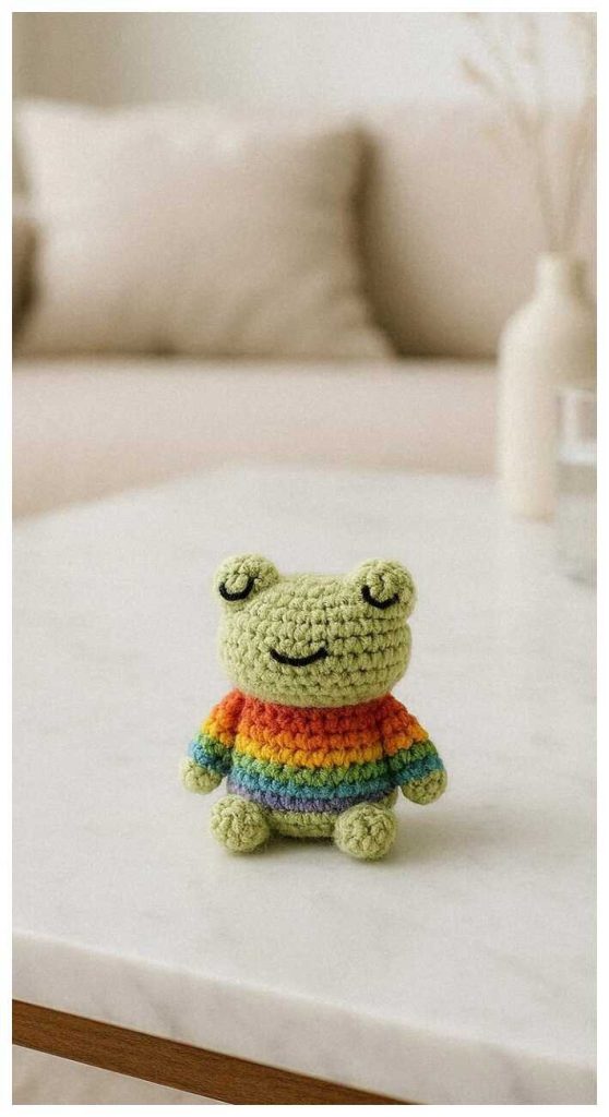 Small amigurumi frog wearing a rainbow sweater sitting on a table, free cute crochet frog pattern inspiration