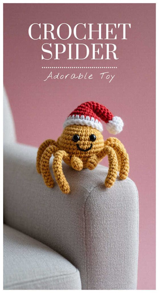 Brown amigurumi spider wearing a red Santa hat sitting on a chair, free crochet spider pattern inspiration