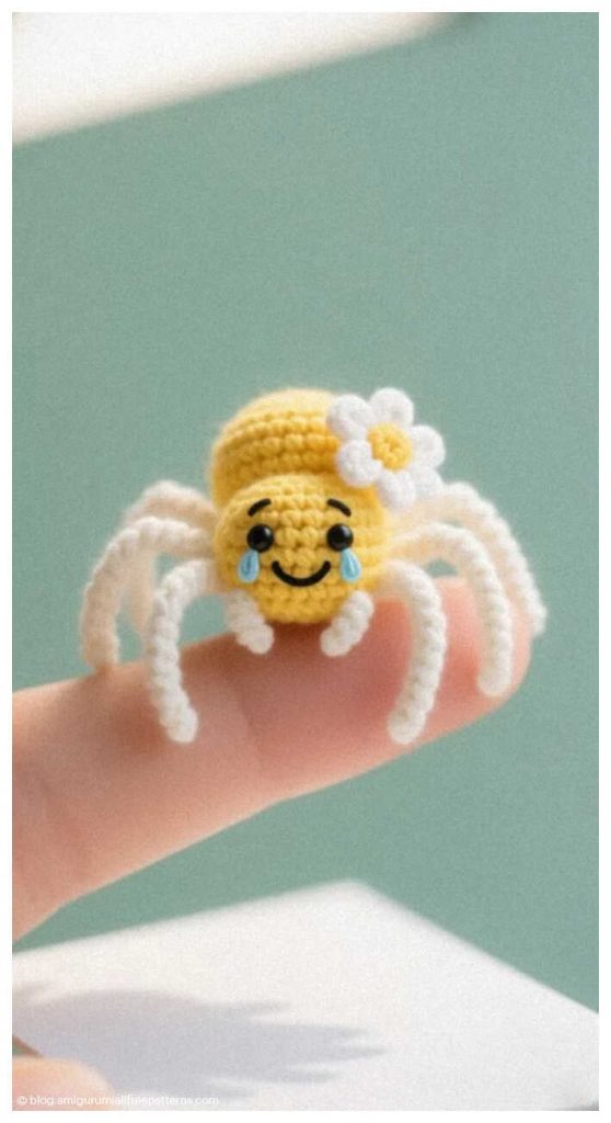 Tiny yellow amigurumi spider with white flower detail held on a fingertip, free crochet spider pattern idea 
