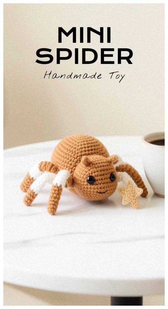 Mini brown amigurumi spider with white wings lying on a table, free crochet spider pattern inspiration