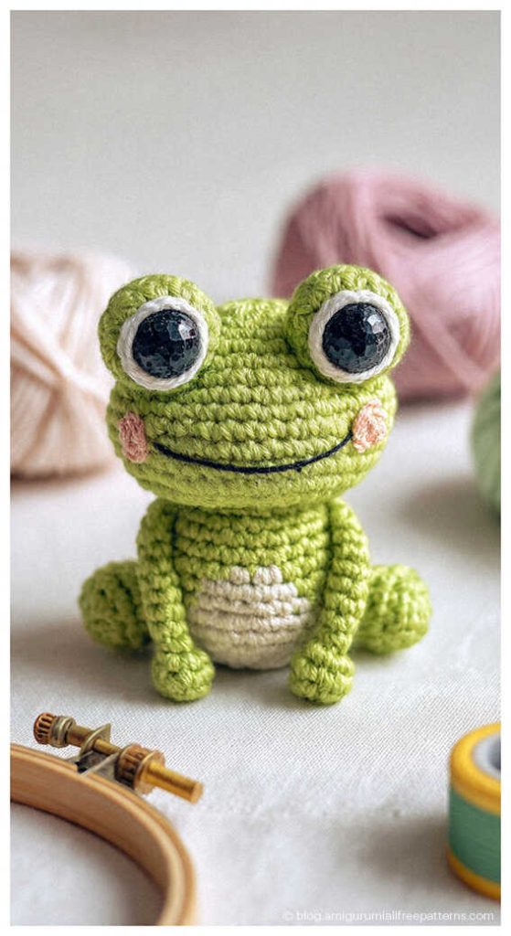 Green amigurumi frog with big eyes sitting next to embroidery hoop and yarn, free beginner-friendly crochet frog pattern