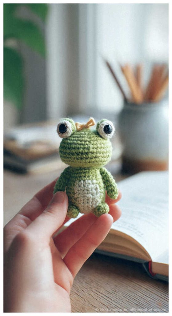 Tiny green amigurumi frog held in hand over an open book, free beginner crochet frog pattern