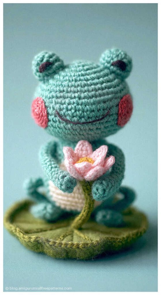 Green amigurumi frog holding a pink lotus flower while sitting on a lily pad, free crochet frog pattern inspiration