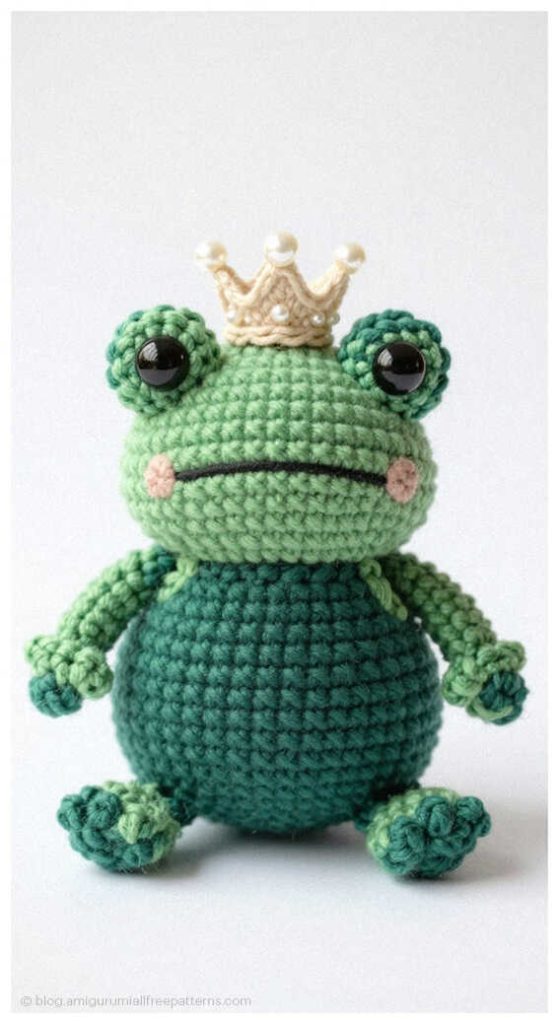 Green amigurumi frog prince with small gold crown standing on white background, free crochet frog pattern idea