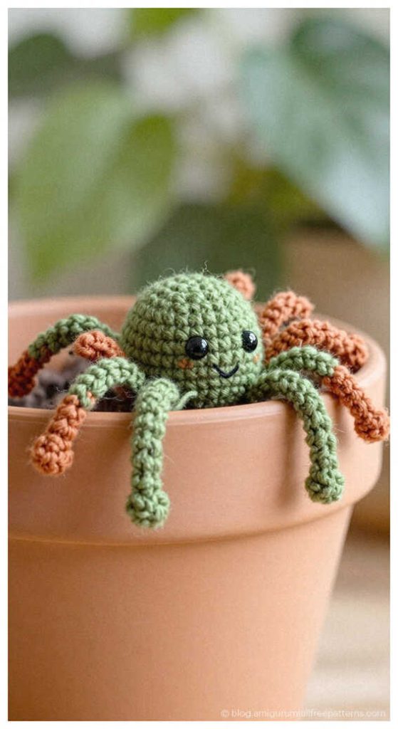 Green and orange amigurumi spider sitting inside a flower pot, free crochet spider pattern idea