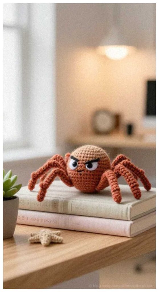 Brown amigurumi spider with striped legs sitting on stacked books indoors, free crochet spider pattern idea