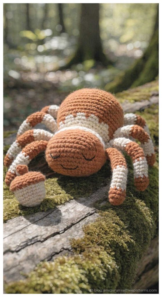 Large brown amigurumi spider resting on a mossy log outdoors, free crochet spider pattern inspiration