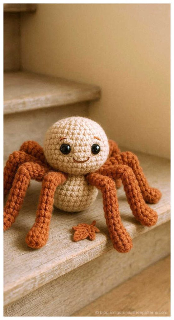 Beige and orange amigurumi spider sitting on wooden stairs, free crochet spider pattern idea