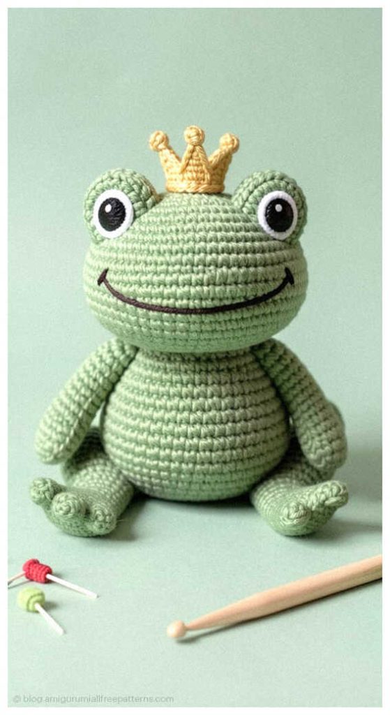 Light green amigurumi frog with gold crown sitting next to crochet hook, free amigurumi frog pattern inspiration