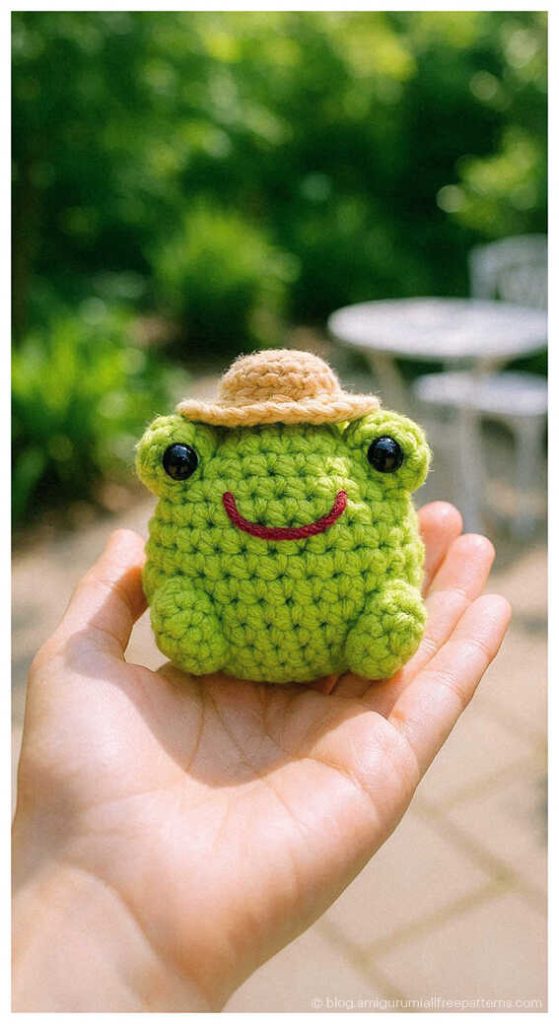 Small green amigurumi frog wearing a tiny straw hat held in hand outdoors, free crochet frog pattern idea