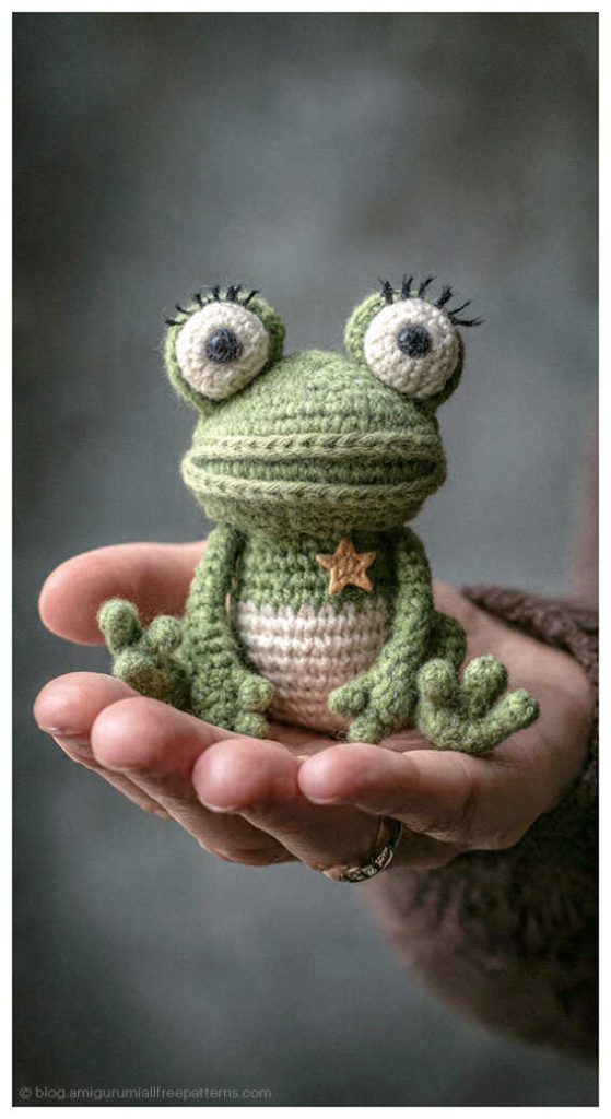 Cute green amigurumi frog with long eyelashes and star detail held in hand, free amigurumi frog pattern inspiration
