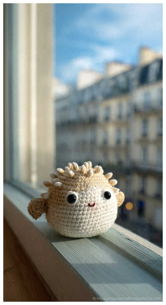 Cute amigurumi puffer fish crochet toy sitting on a window ledge with a city view, handmade ocean crochet idea