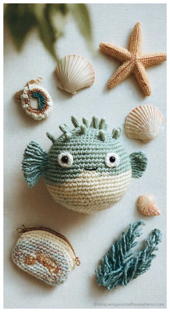 Green and beige amigurumi puffer fish crochet toy with seashell decor, cute handmade ocean plush idea