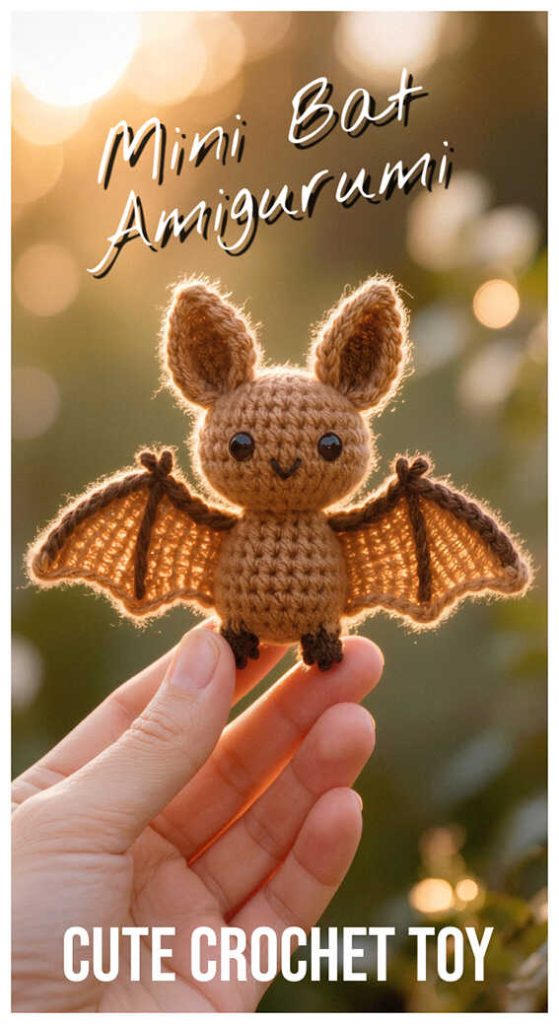 Tiny brown amigurumi bat with open wings held between fingers, cute crochet bat toy