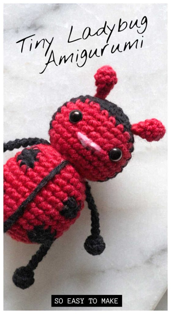Amigurumi ladybug crochet toy lying flat view, tiny crochet ladybug doll design