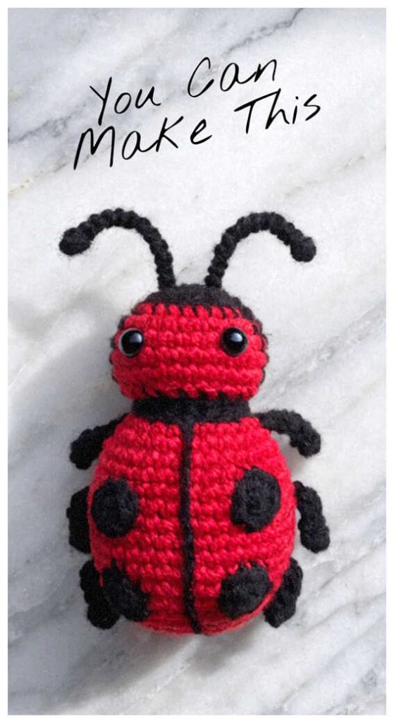 Amigurumi ladybug crochet doll sitting by window, cute crochet ladybug toy for gifts