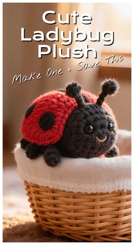 Amigurumi ladybug crochet plush in basket, adorable crochet ladybug toy for gifts