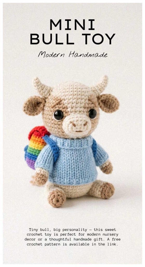 Mini amigurumi bull in a blue sweater with a rainbow bag, free crochet bull pattern for handmade gifts