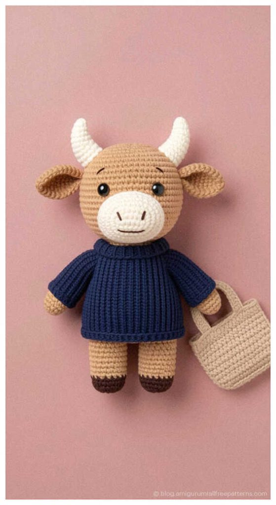 Cute beige amigurumi bull wearing a navy sweater and holding a small bag, free crochet bull pattern gift idea