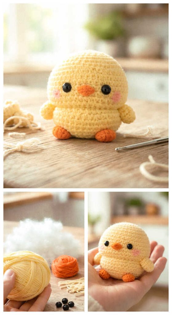 Cute yellow amigurumi chick crochet toy on a wooden table, tiny crochet chick gift idea