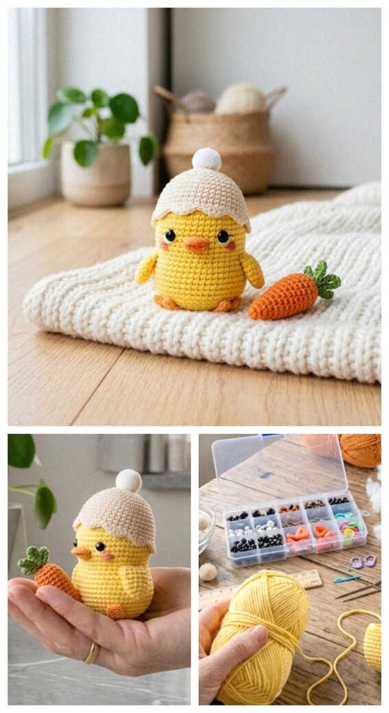 Small amigurumi chick wearing a white hat on a knitted mat, cute crochet chick toy