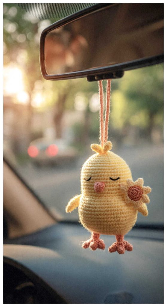 Amigurumi chick car charm hanging from a mirror, tiny crochet chick decor for handmade gifts