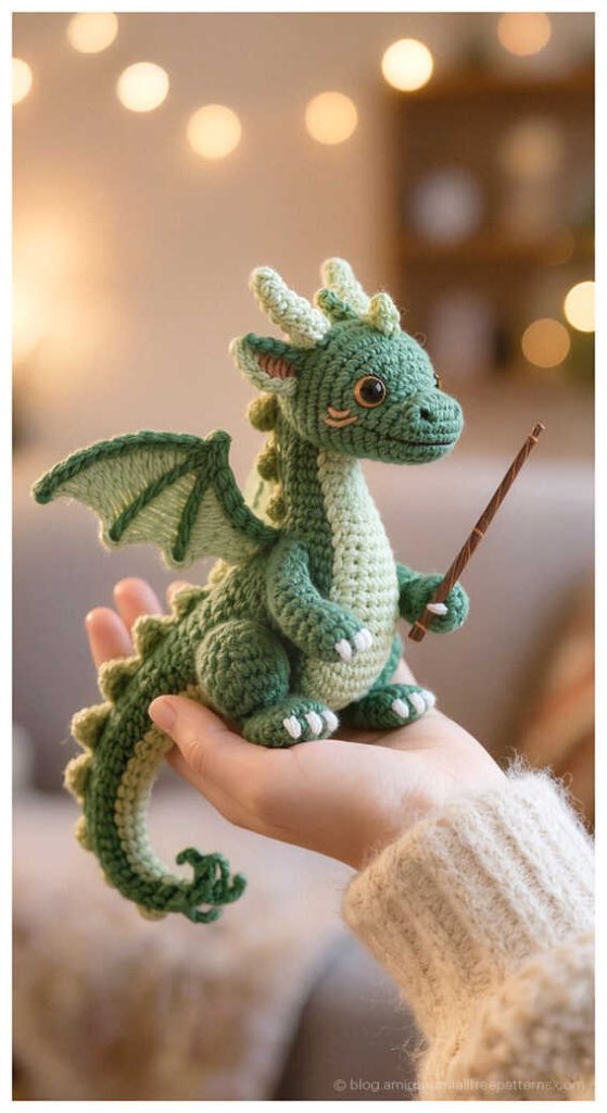 Cute green amigurumi dragon with wings held in hand, crochet dragon gift idea for handmade toy lovers