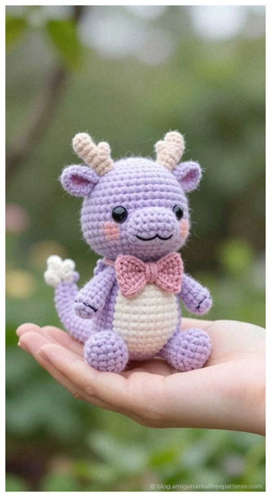 Small purple amigurumi dragon with bow tie sitting in a hand, adorable crochet dragon gift idea