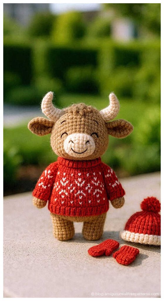 Brown amigurumi bull wearing a red sweater and winter hat, free crochet bull pattern for cozy handmade gifts