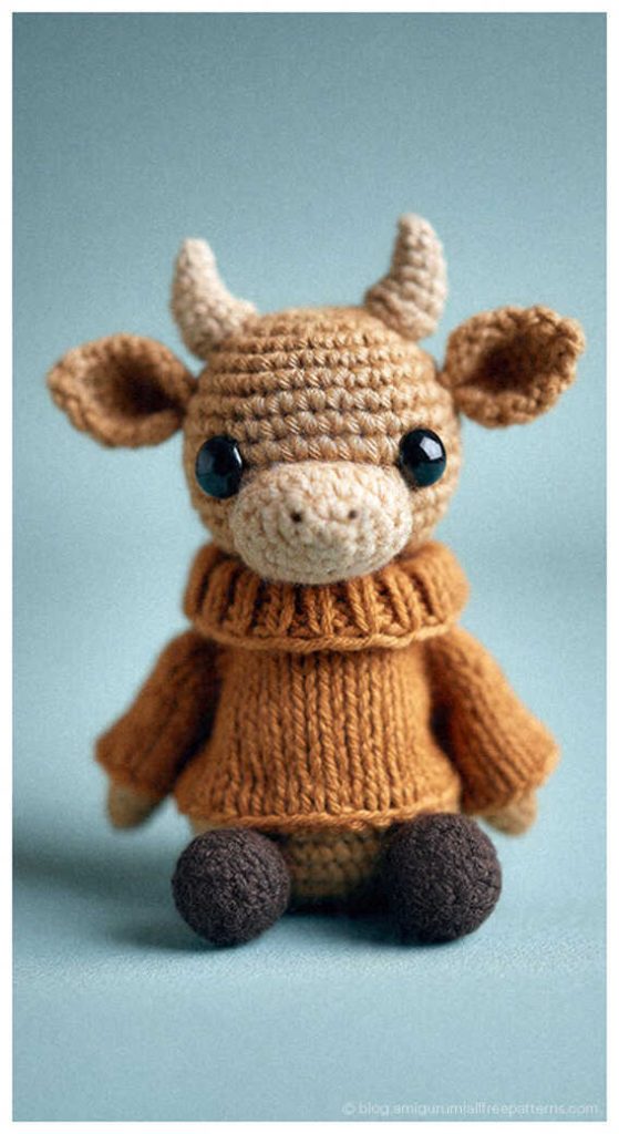 Cute brown amigurumi bull wearing a cozy knitted sweater, free crochet bull pattern for handmade gift ideas