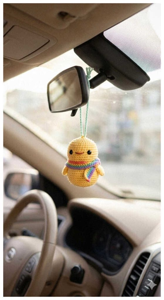 Amigurumi chick car hanging ornament, cute crochet chick decor for handmade gifts
