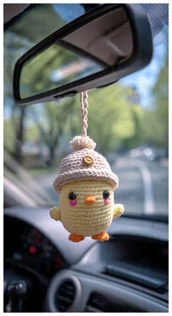 Amigurumi chick car charm hanging from rearview mirror, adorable crochet chick decor