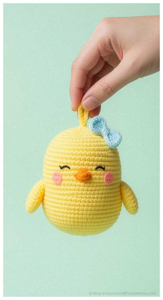 Cute amigurumi chick crochet toy with blue bow held by a hand, tiny crochet chick gift