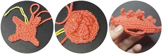 crochet puffer fish amigurumi tail step by step showing the shaping of the tail piece