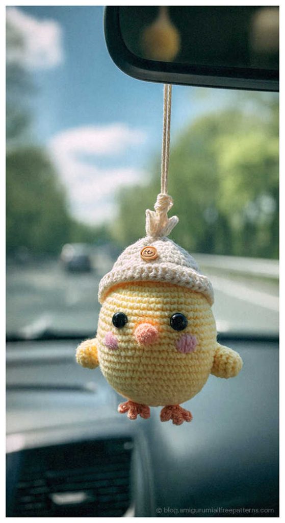Amigurumi chick car hanging ornament with crochet hat, cute crochet chick car decor