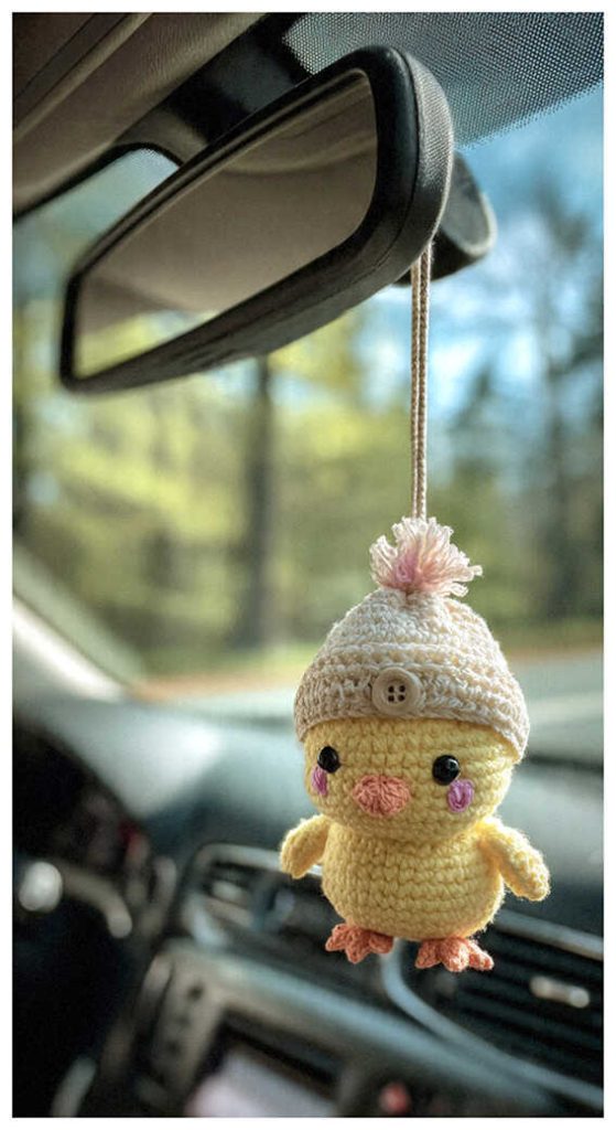 Amigurumi chick car mirror charm wearing a crochet hat, adorable crochet chick decor